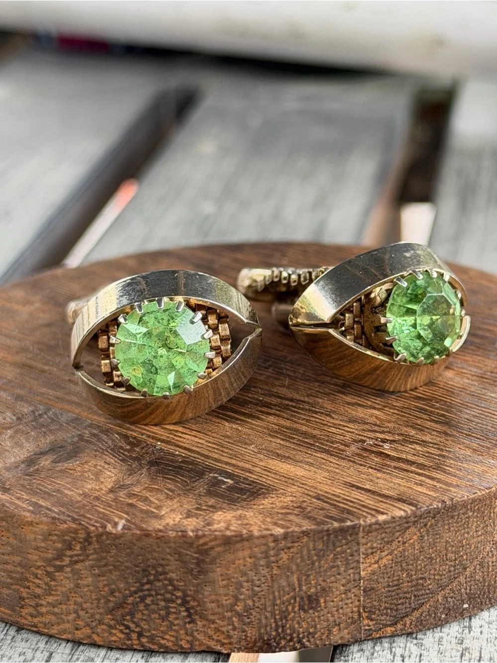 Gold-Tone Vintage Cufflinks with Green Gemstone Centers